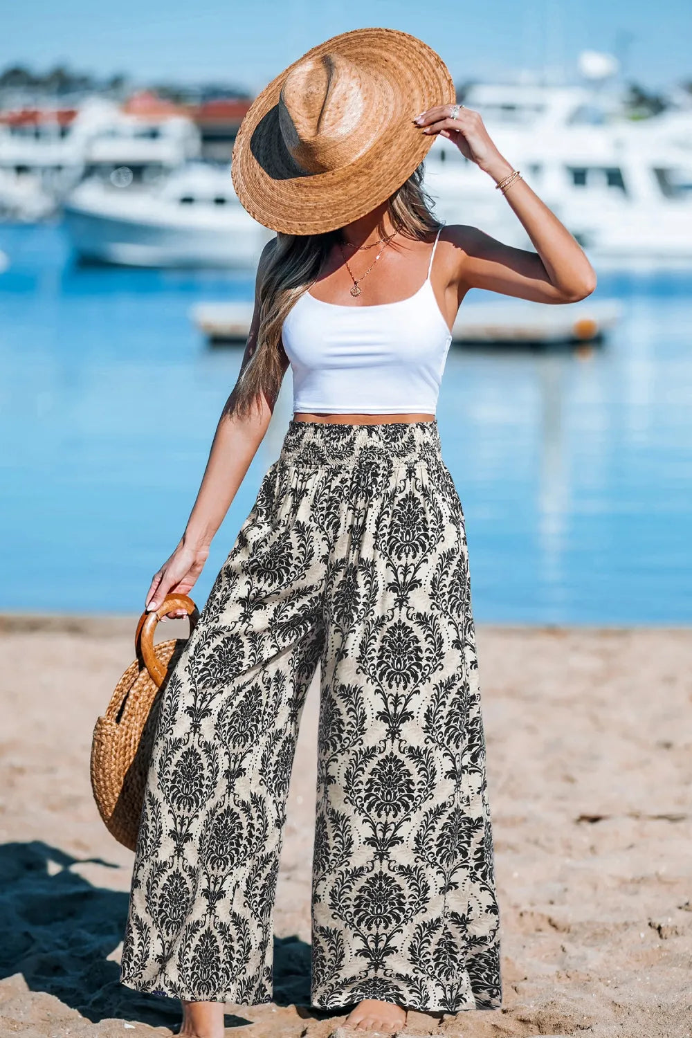 Green Damask Wide Leg Pants