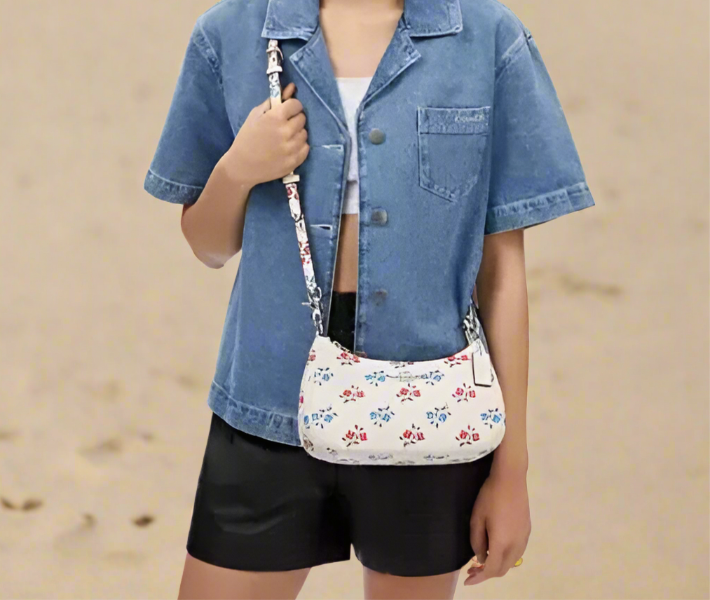 Coach Leather Teri Shoulder Bag With Floral Print In Silver/Chalk Multi