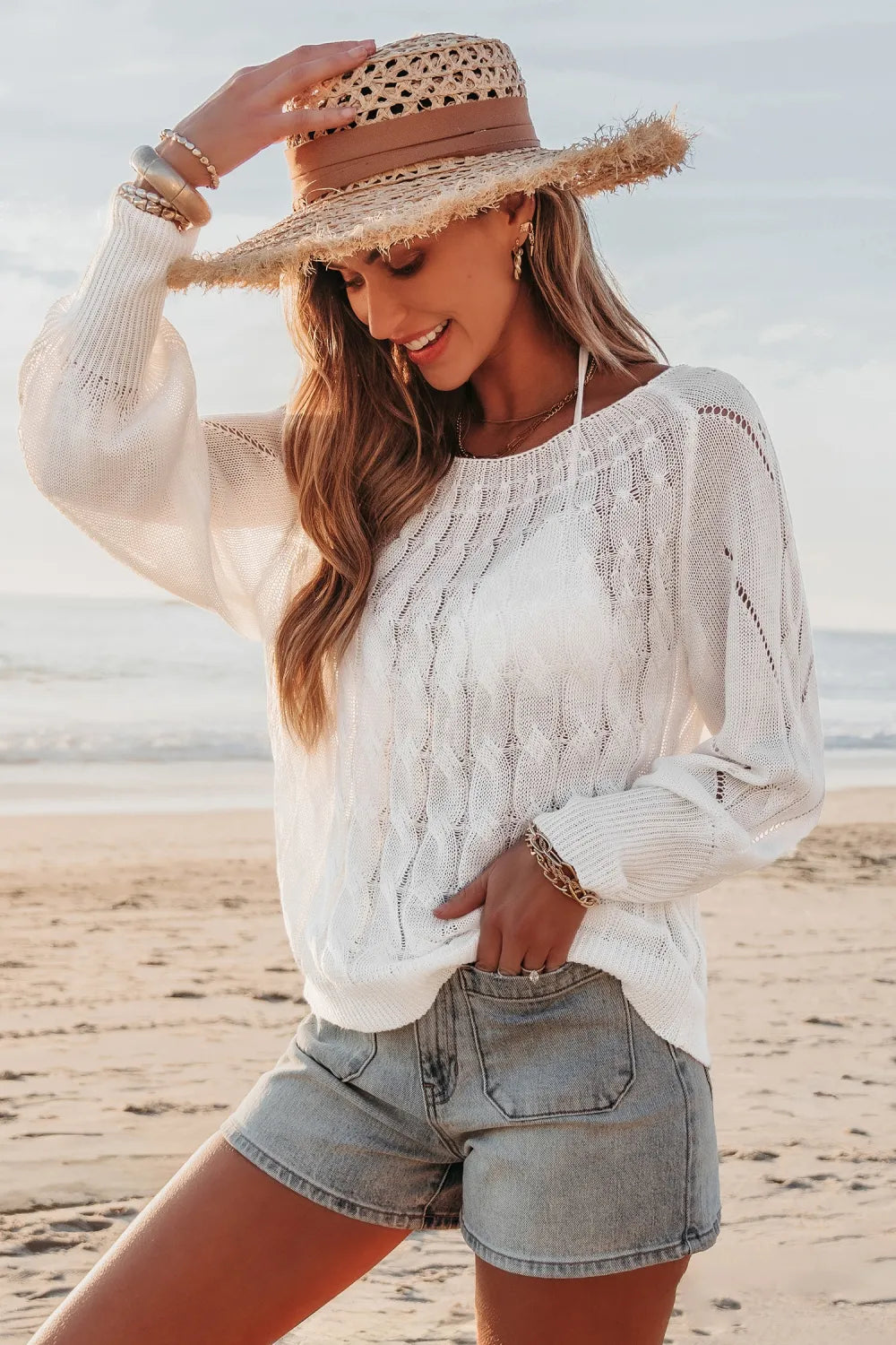 White Cable Knit Asymmetrical Cover-Up