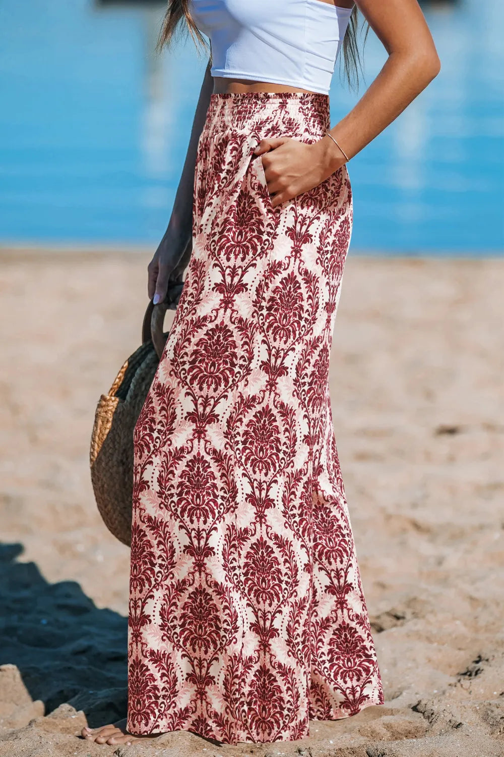 Green Damask Wide Leg Pants
