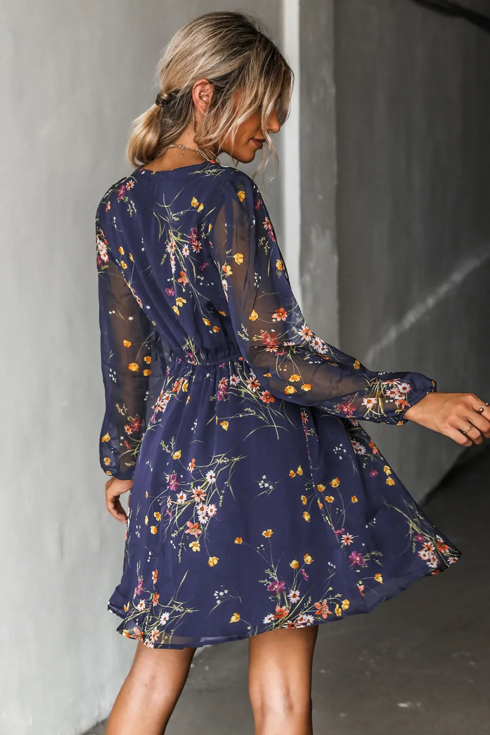 Realm Of Sky Floral Print Chiffon A-Line Mini Dress