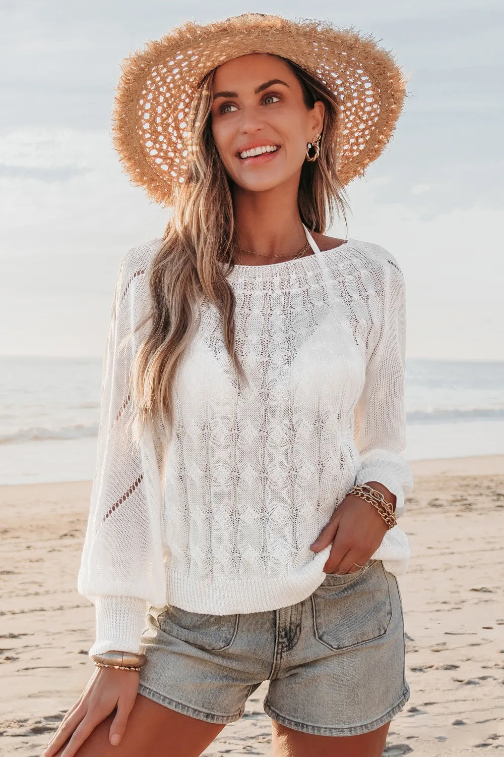 White Cable Knit Asymmetrical Cover-Up