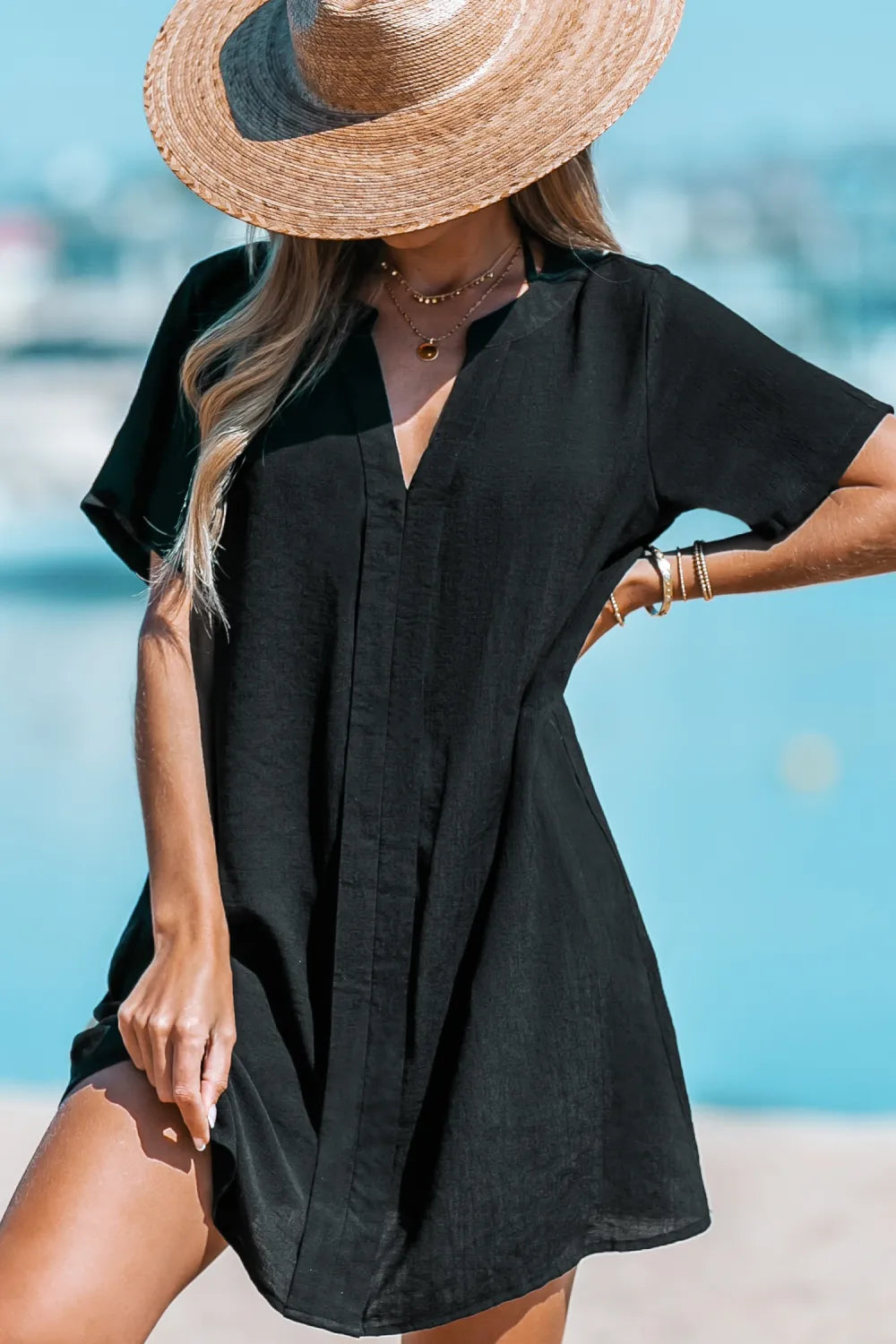 White V-Neck Cover-Up Mini Dress
