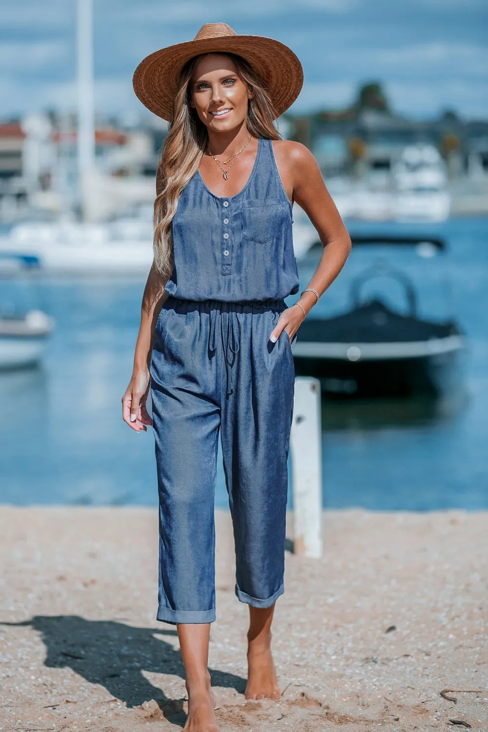 Blue Sleeveless Scoop Neck Pocket Jumpsuit