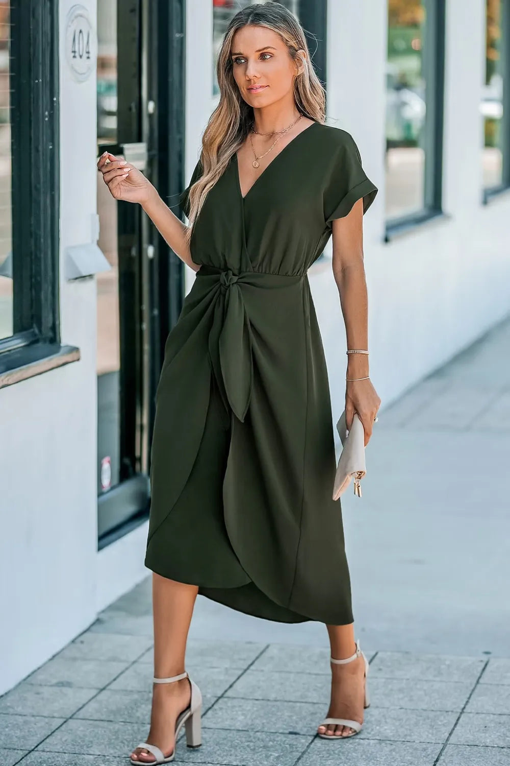 Olive Short Sleeve Waist Wrap Midi Dress