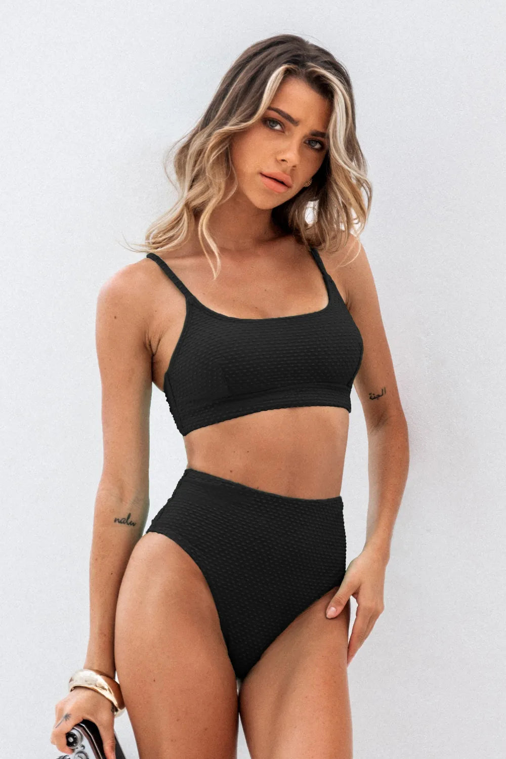 Textured Scoop Neck Bikini Top & High-Waisted Bottoms Set