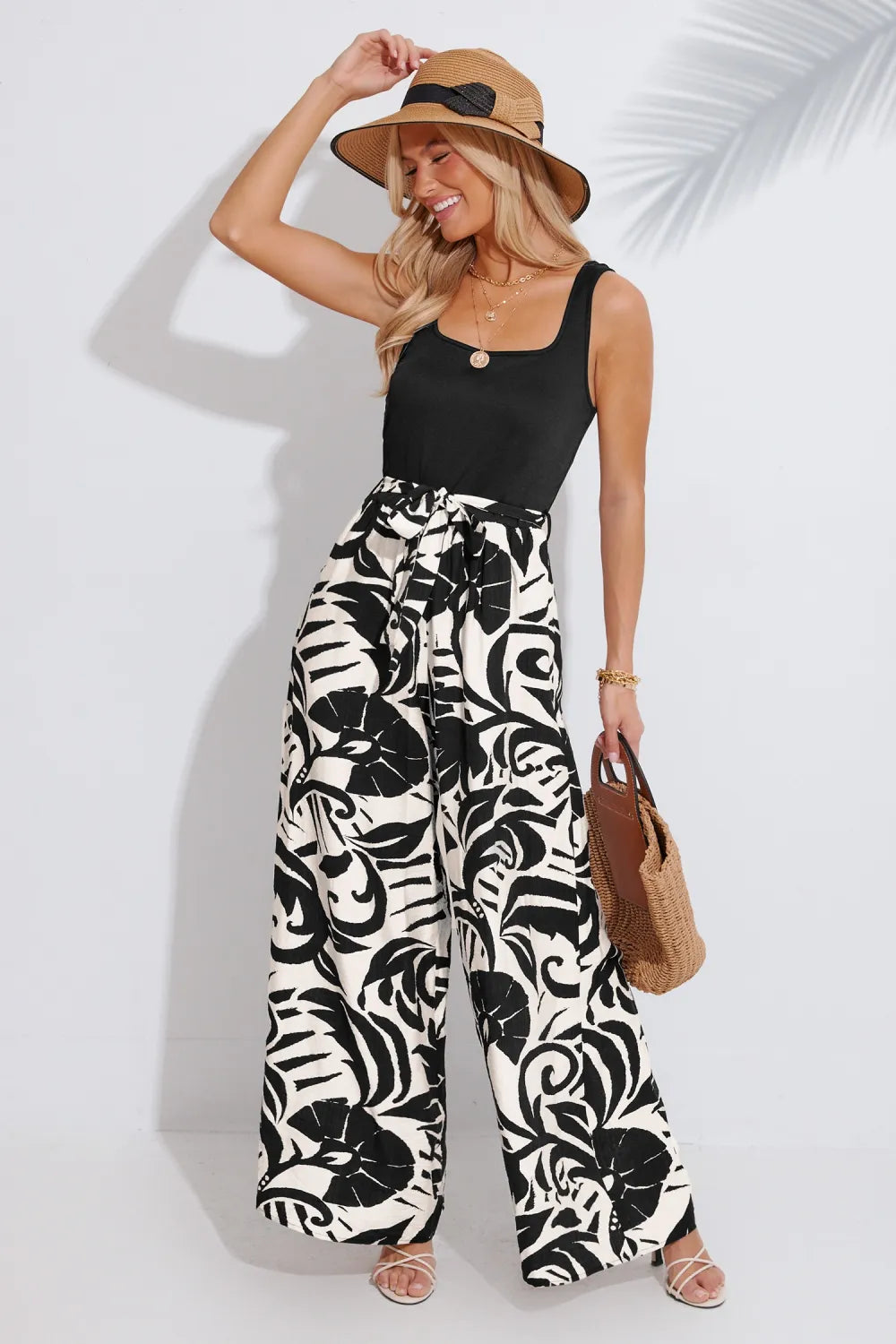 Black Square Neck Sleeveless Belted Jumpsuit