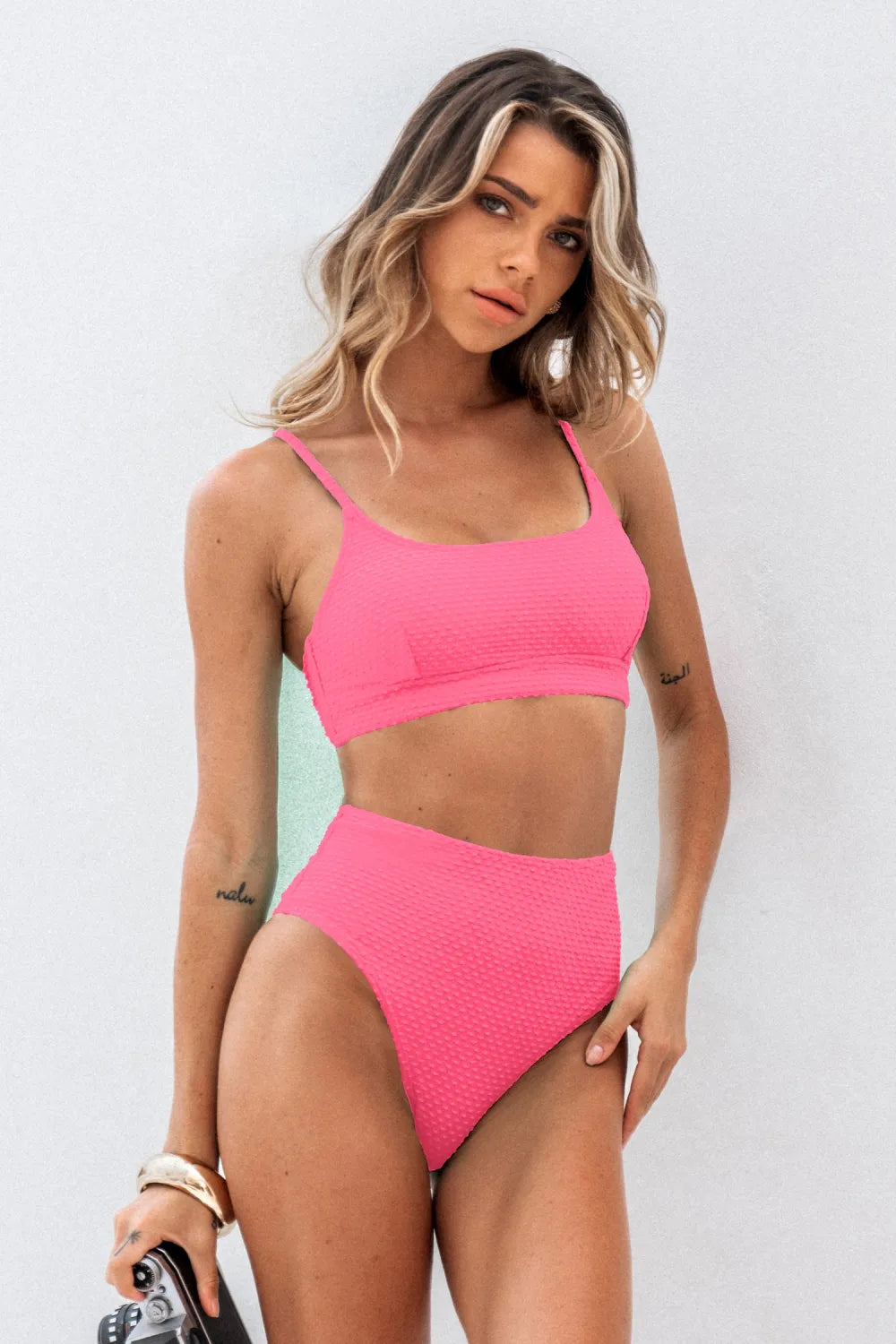Textured Black Scoop Neck Bikini Top & High-Waisted Bottoms Set