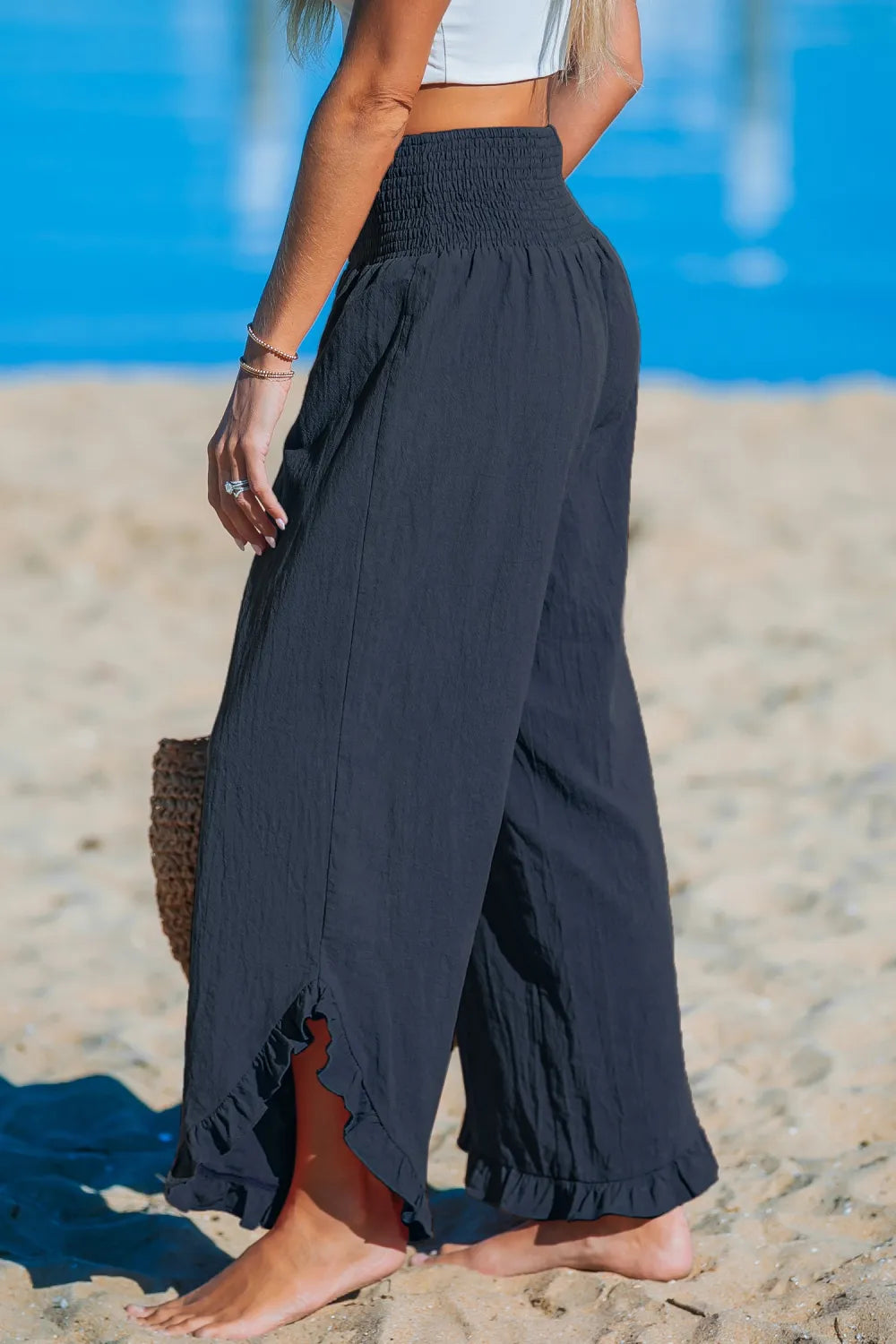 Black Smocked Waist Straight Leg Ruffle Pants