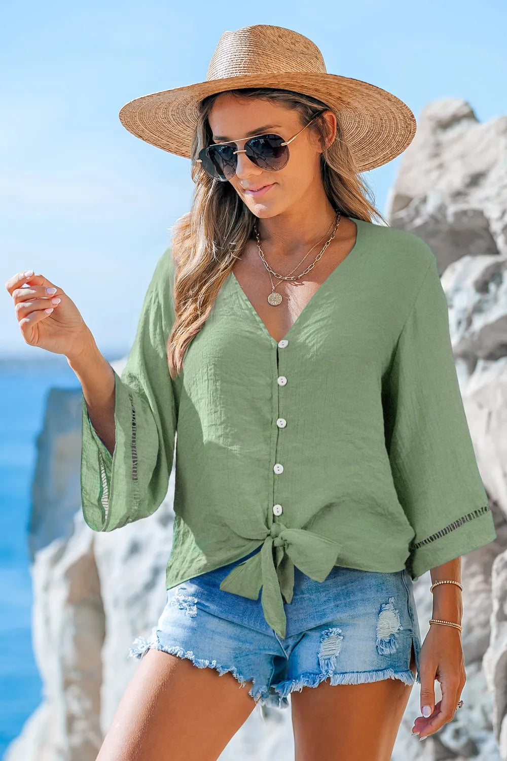 Aqua Button Front Knotted Top