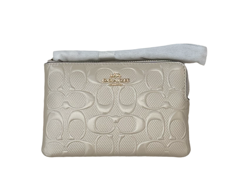 Coach Corner Zip Wristlet Wallet In Signature Patent Leather In Ivory
