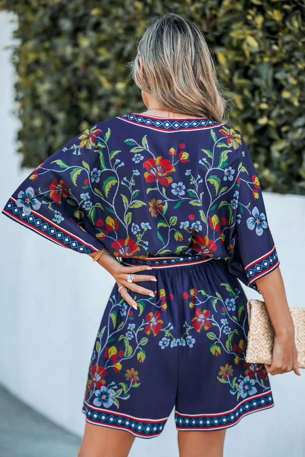 White Floral Surplice Half Sleeve Romper