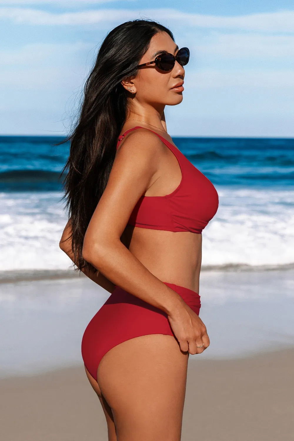 Red Wrapped Bikini Top & High-Waisted Bottoms Set