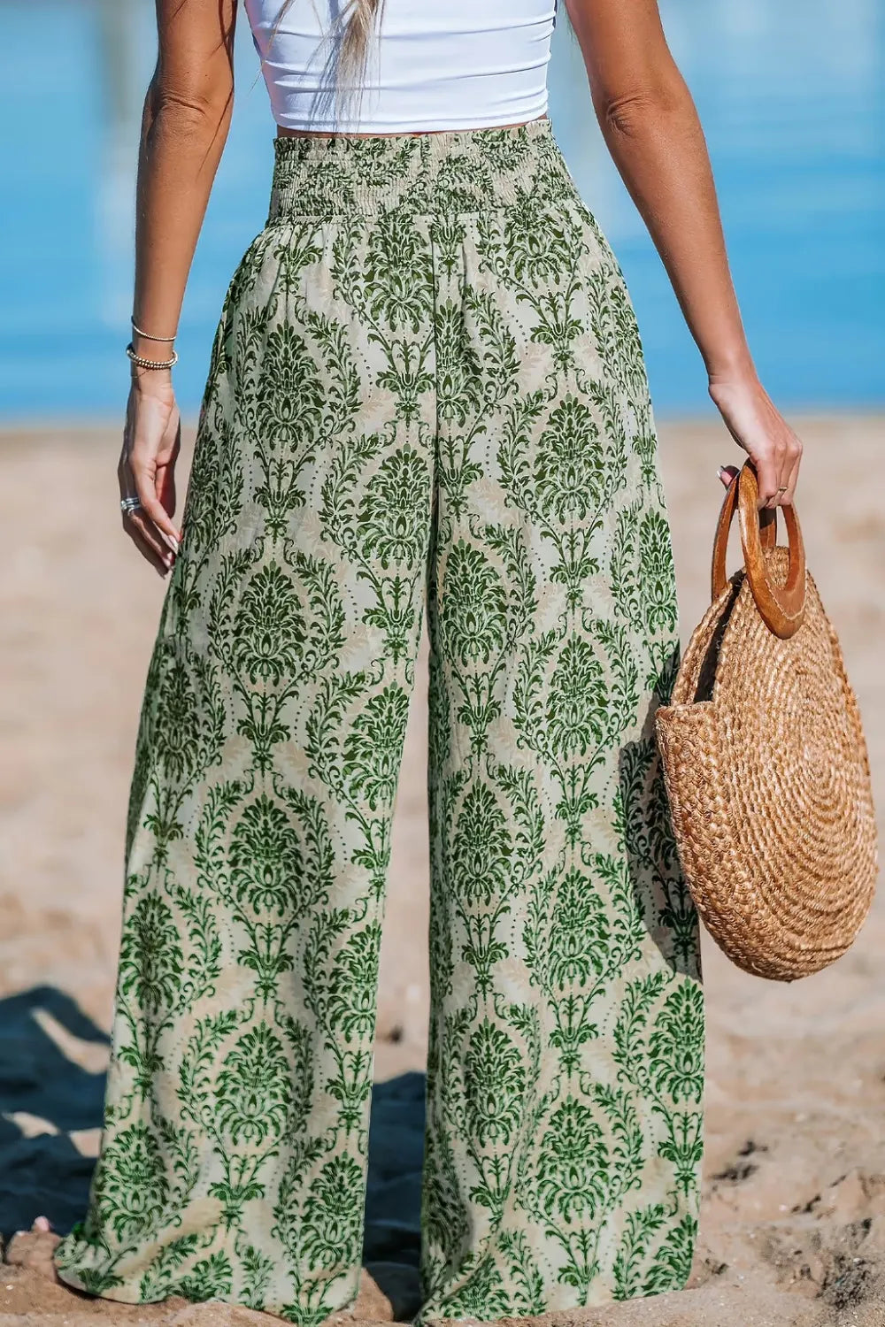 Green Damask Wide Leg Pants
