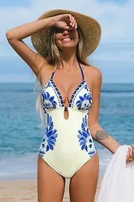 Vintage Floral Halterneck Low-Cut Back One-Piece