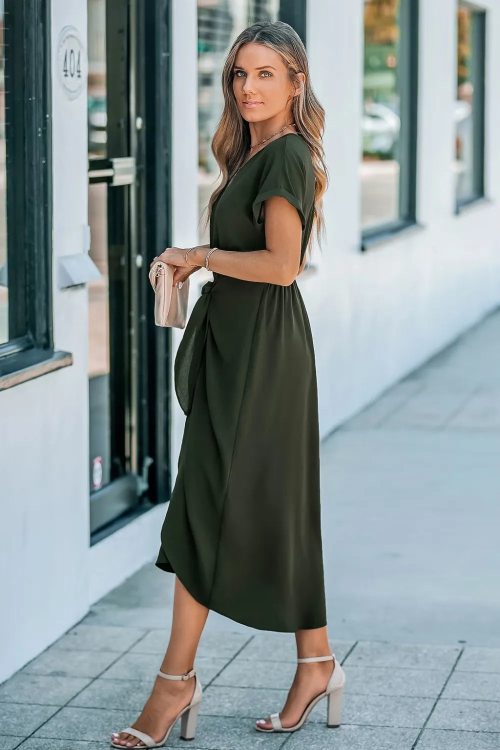 Olive Short Sleeve Waist Wrap Midi Dress