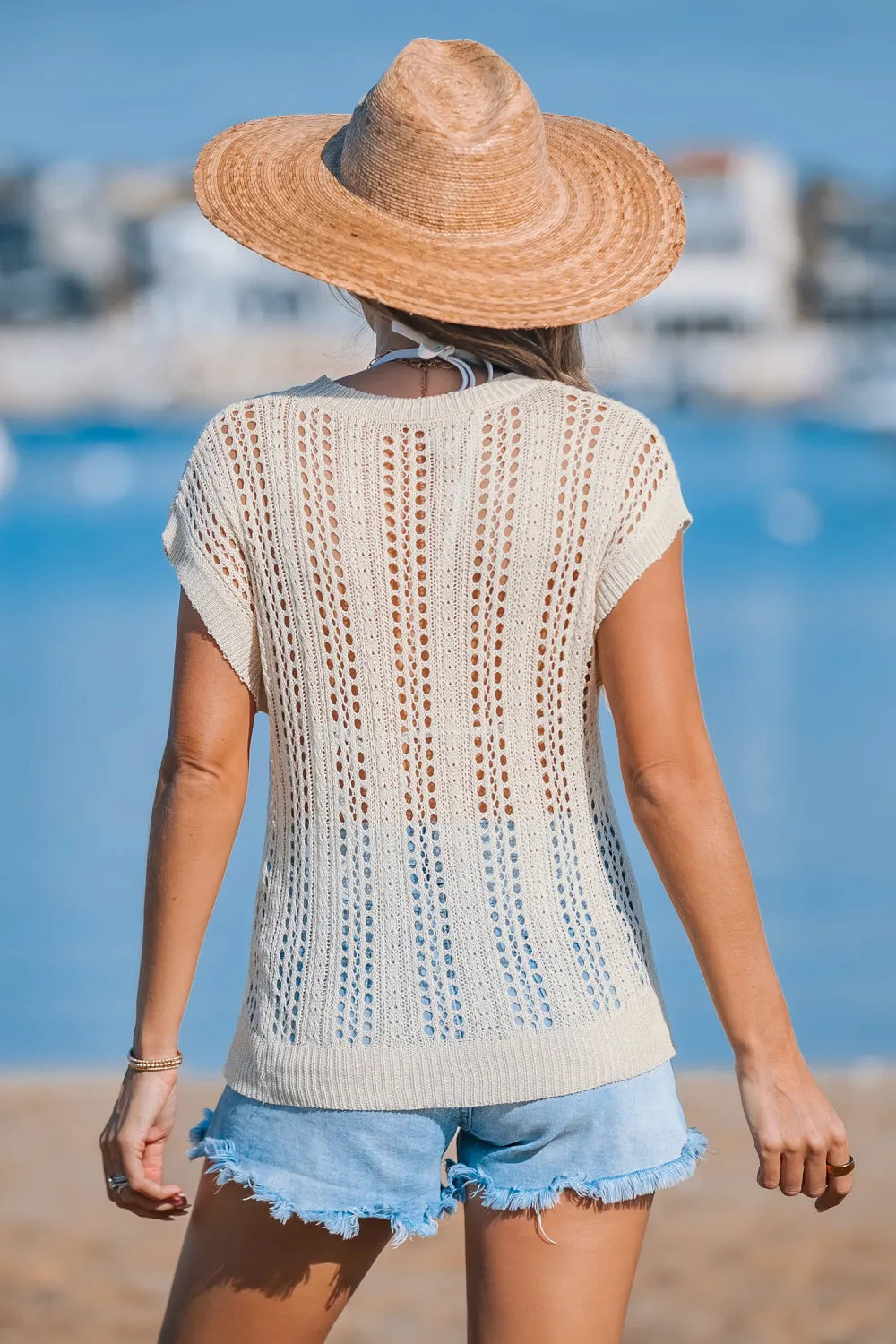 Beige Crochet Short Sleeve Cover Up Top