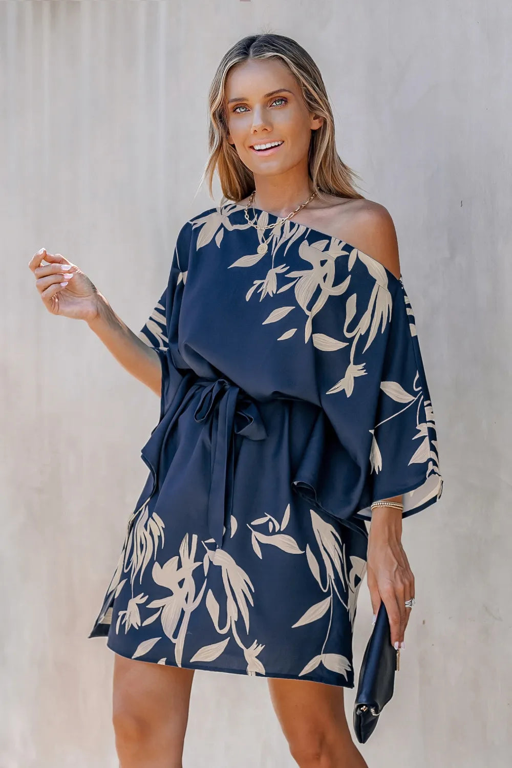 Leaf Print One-Shoulder Belted Dress