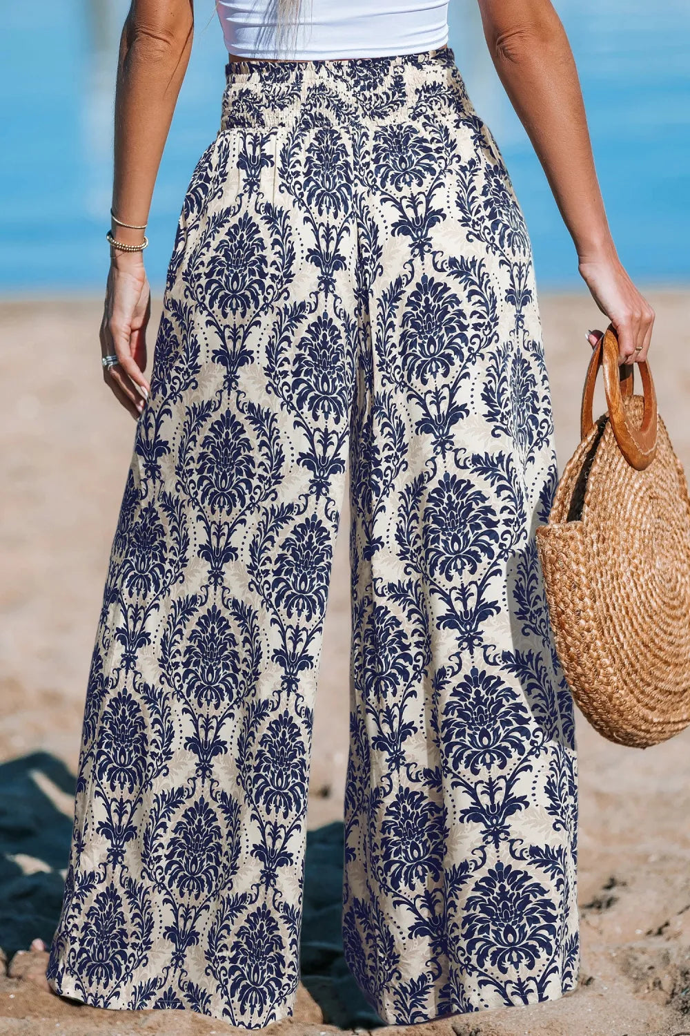 Green Damask Wide Leg Pants