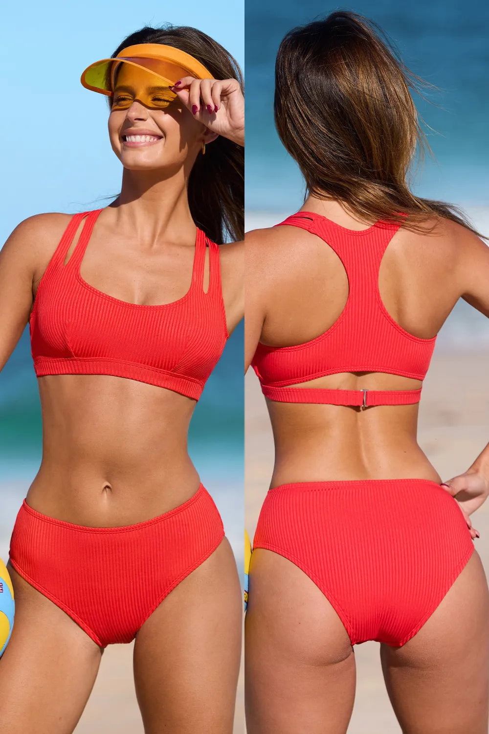 Red Sporty Scoop Neck Racerback Bikini Top & Mid-Rise Bottoms Set