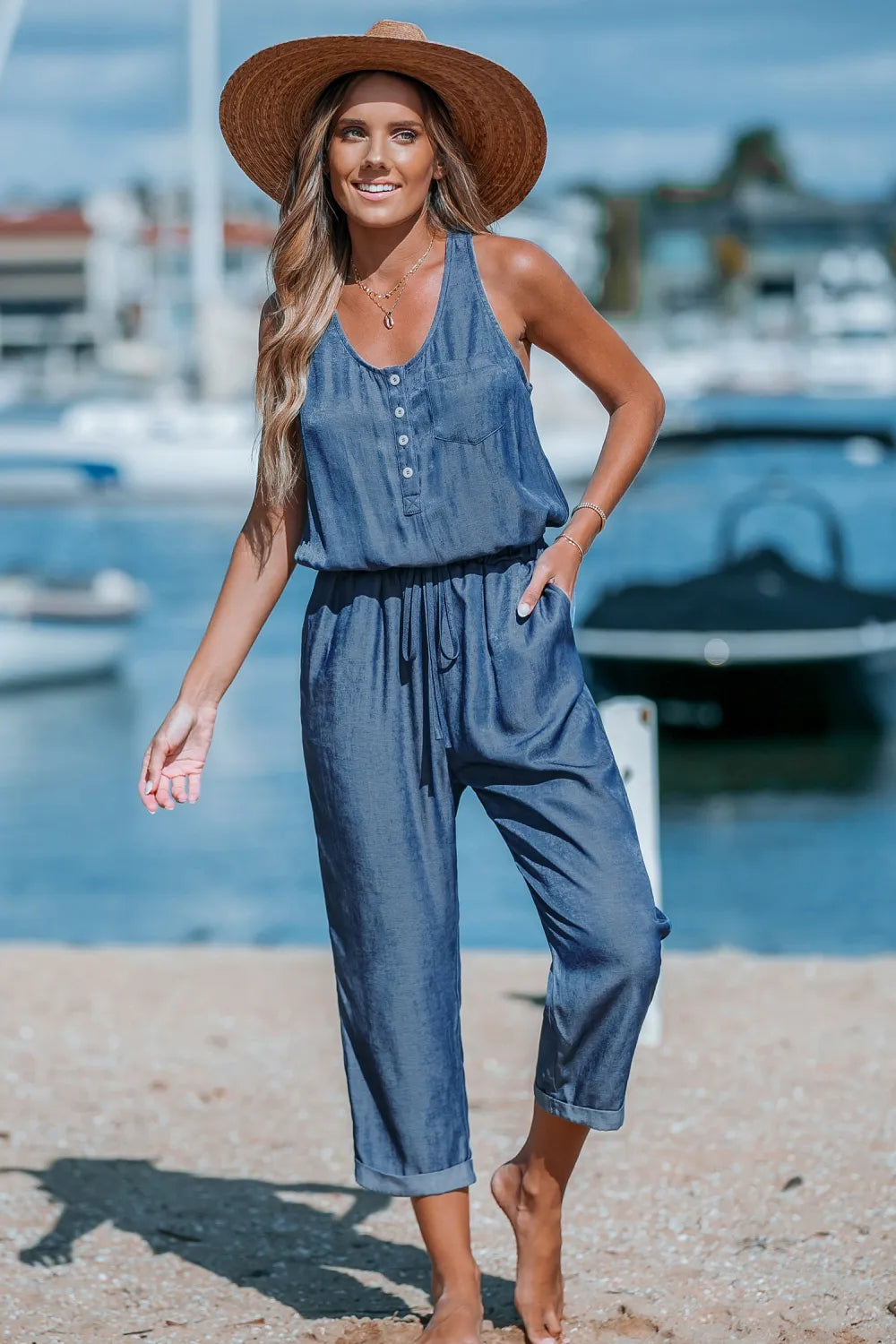 Blue Sleeveless Scoop Neck Pocket Jumpsuit