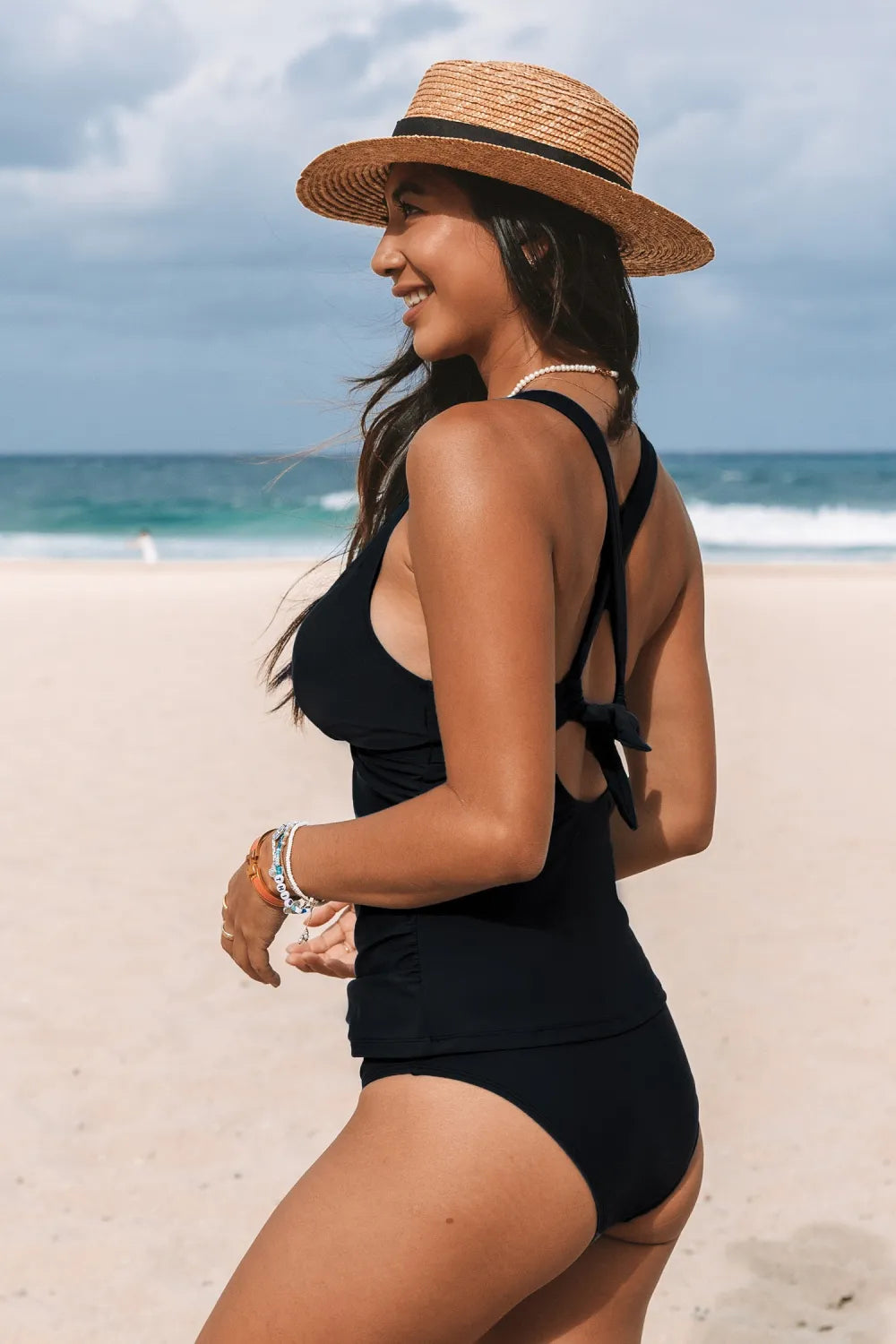 Black Ruched Tankini Top & Mid-Rise Bottoms Set