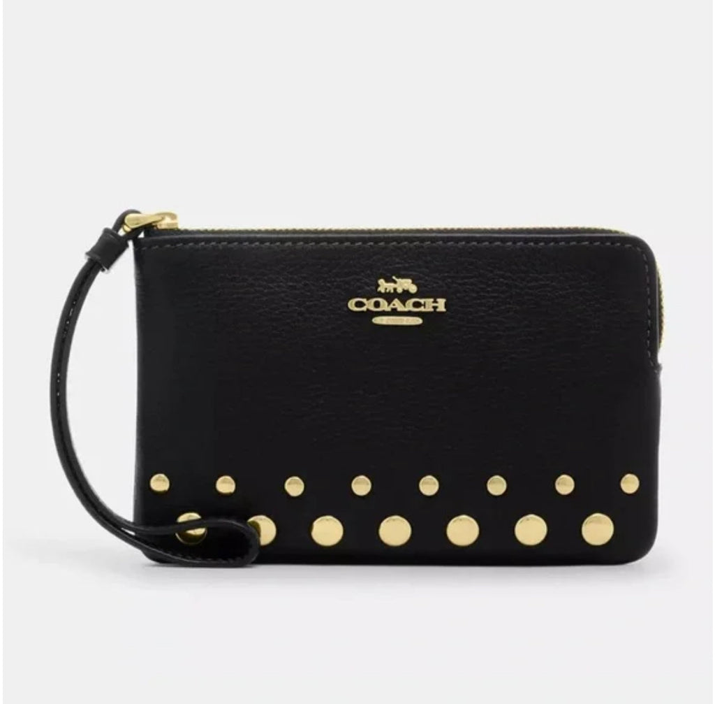 NWT Corner Zip Leather Wristlet with Rivets In Black