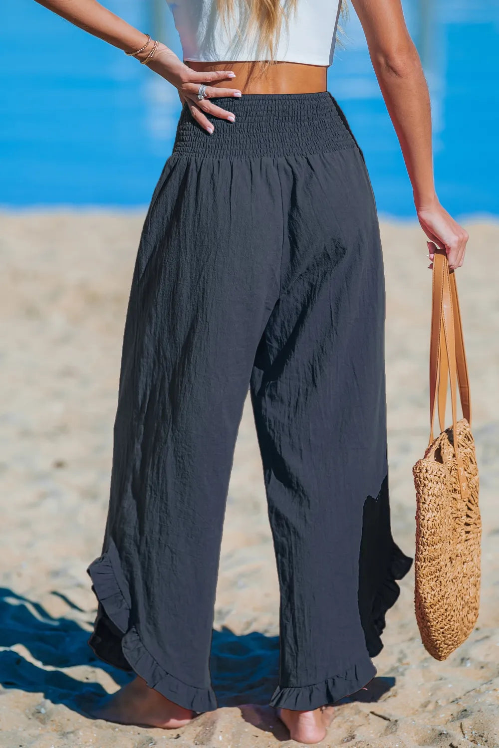 Black Smocked Waist Straight Leg Ruffle Pants
