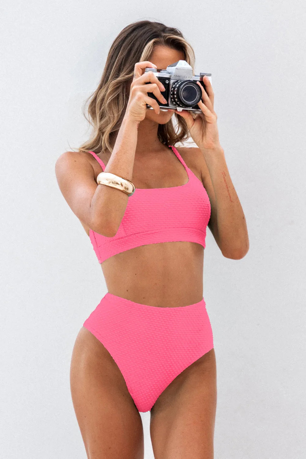 Textured Black Scoop Neck Bikini Top & High-Waisted Bottoms Set