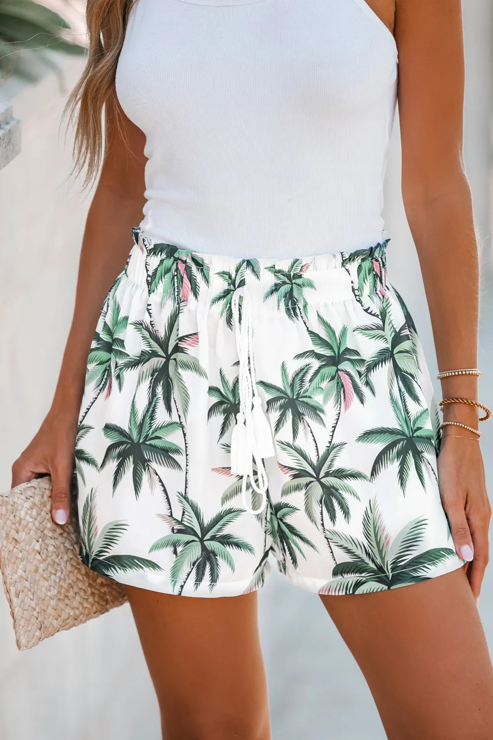 Palm Tree Print Drawstring Shorts