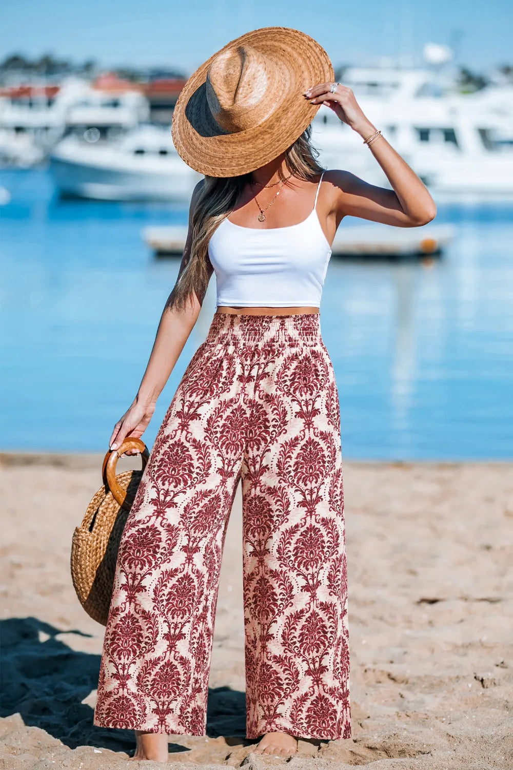 Green Damask Wide Leg Pants