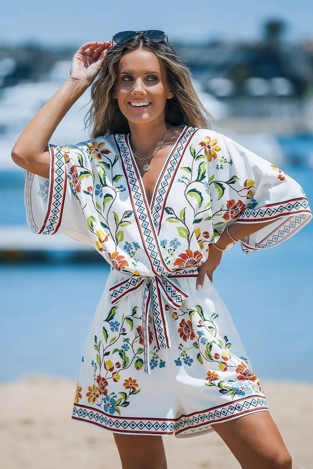 White Floral Surplice Half Sleeve Romper