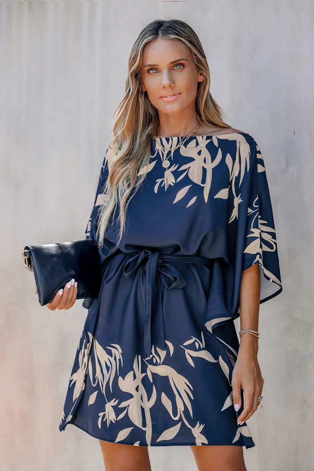 Leaf Print One-Shoulder Belted Dress