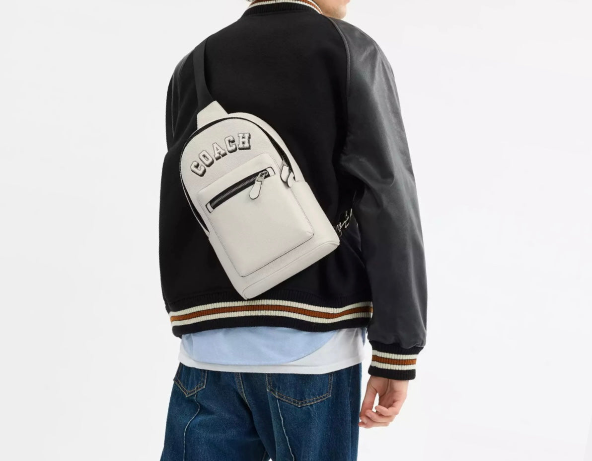 Coach Men’s Leather West Pack with Varsity Motif In Chalk/Black