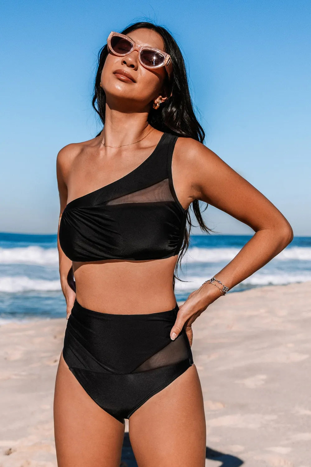 Black One-Shoulder Bikini Top & High-Waisted Bottoms Set