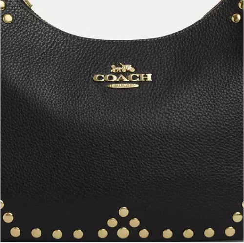 Coach Leather Teri Hobo Bag With Rivets In Gold/Black