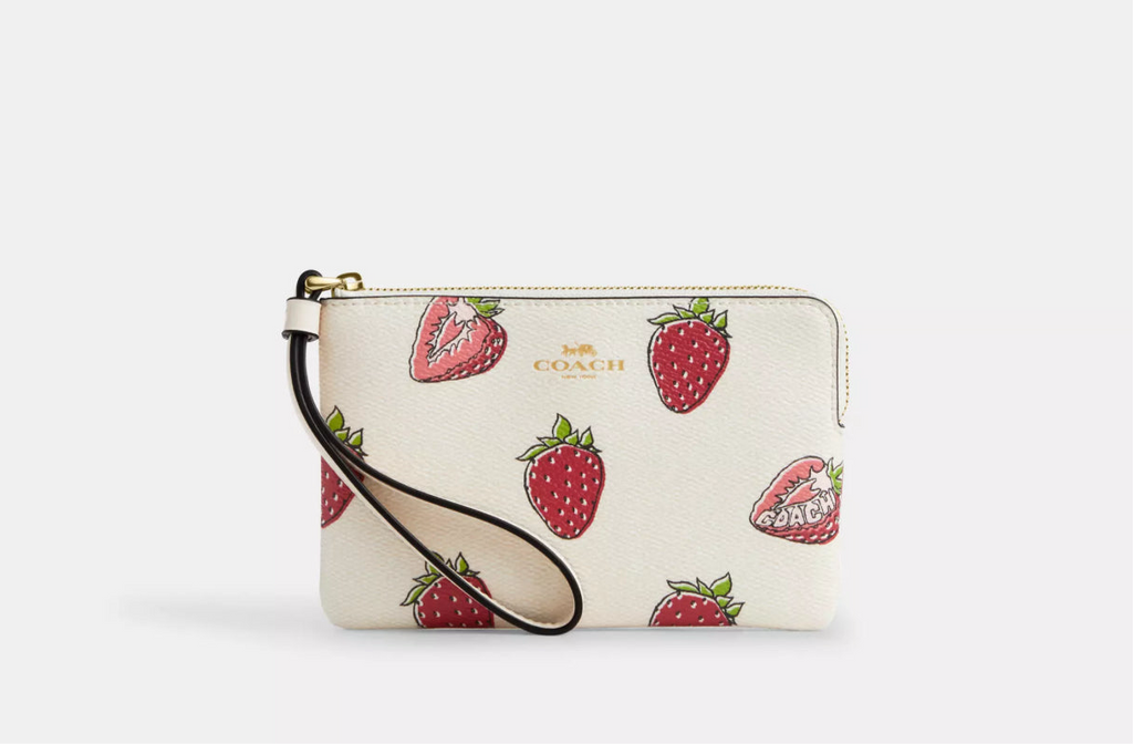 Coach Corner Zip Wristlet With Strawberry Print