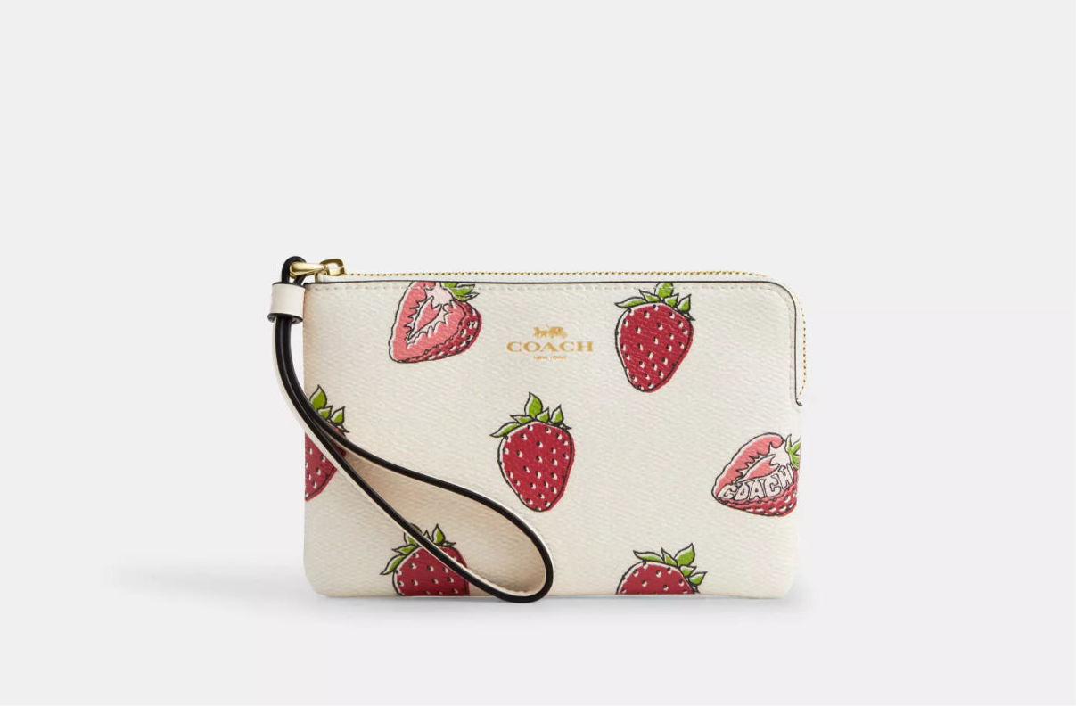Coach Corner Zip Wristlet With Strawberry Print