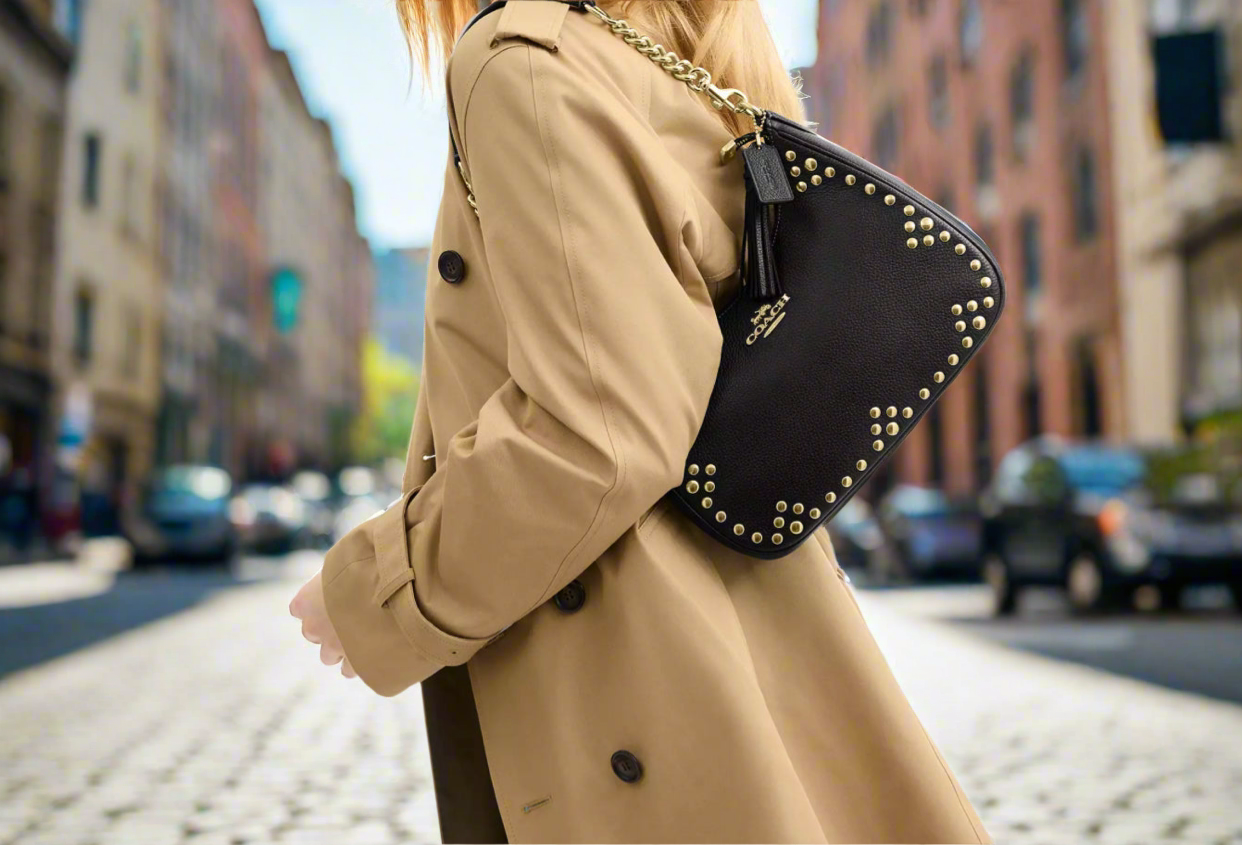 Coach Leather Teri Hobo Bag With Rivets In Gold/Black
