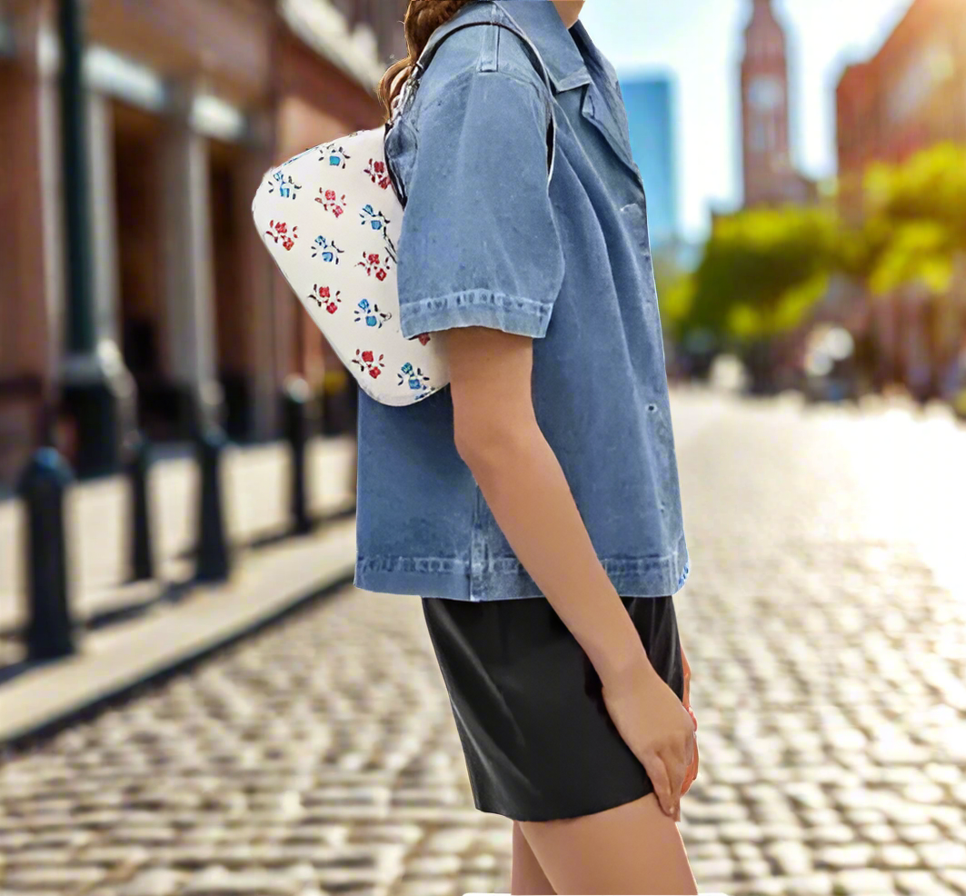 Coach Leather Teri Shoulder Bag With Floral Print In Silver/Chalk Multi