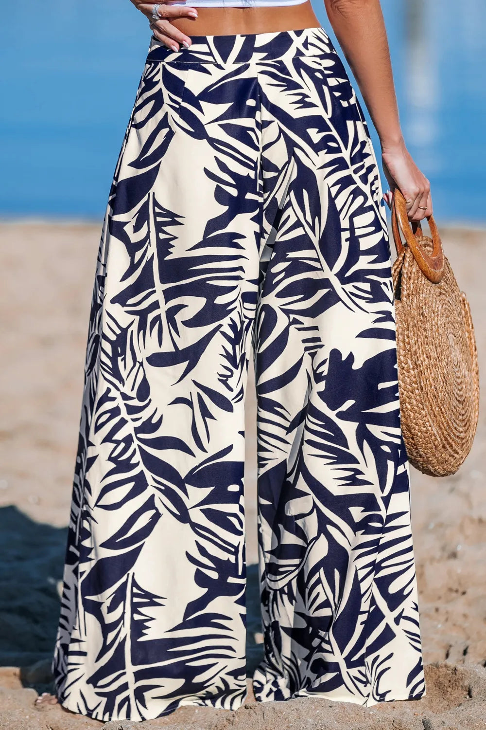 Blue Tropical Floral Wide Leg Pants