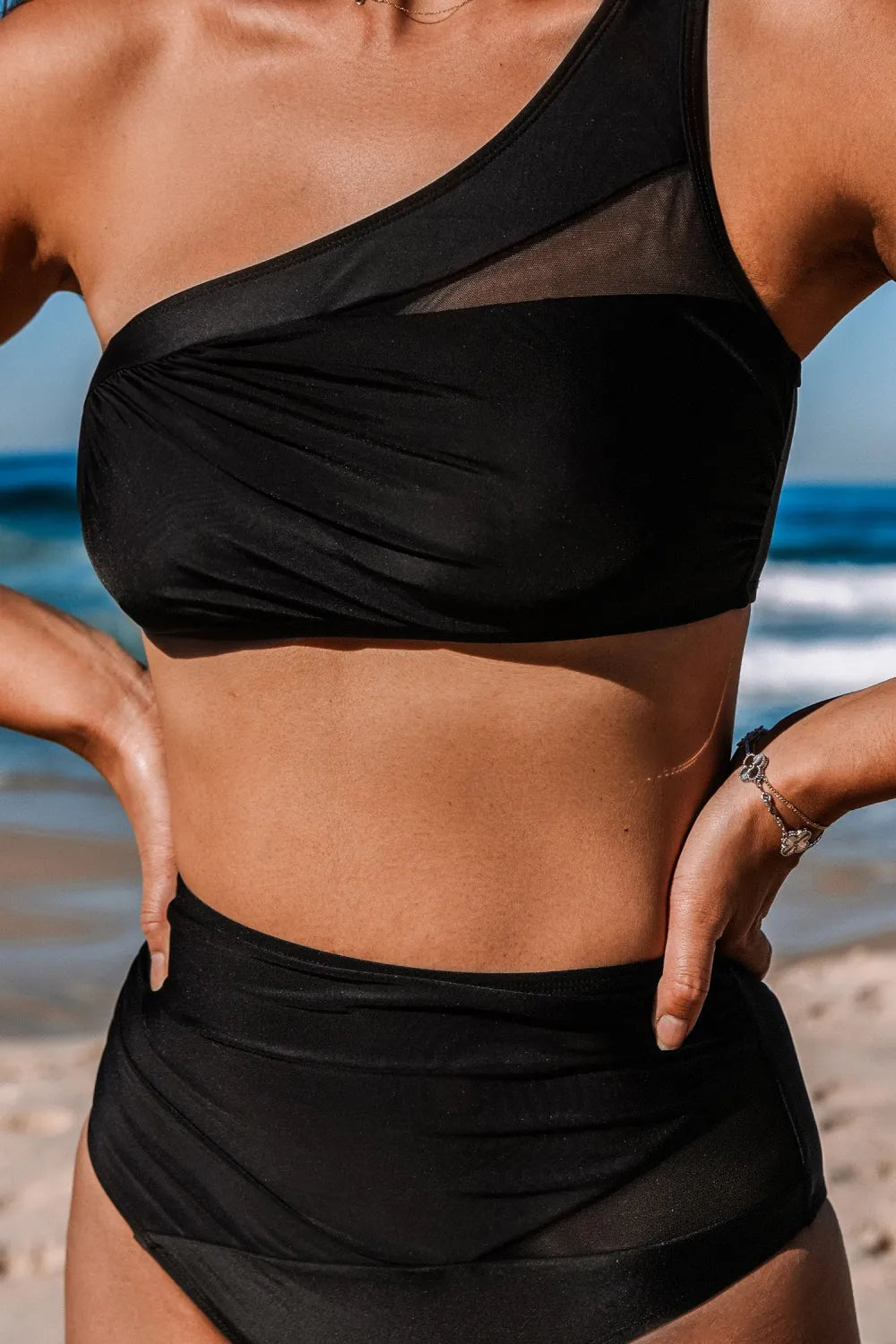 Black One-Shoulder Bikini Top & High-Waisted Bottoms Set