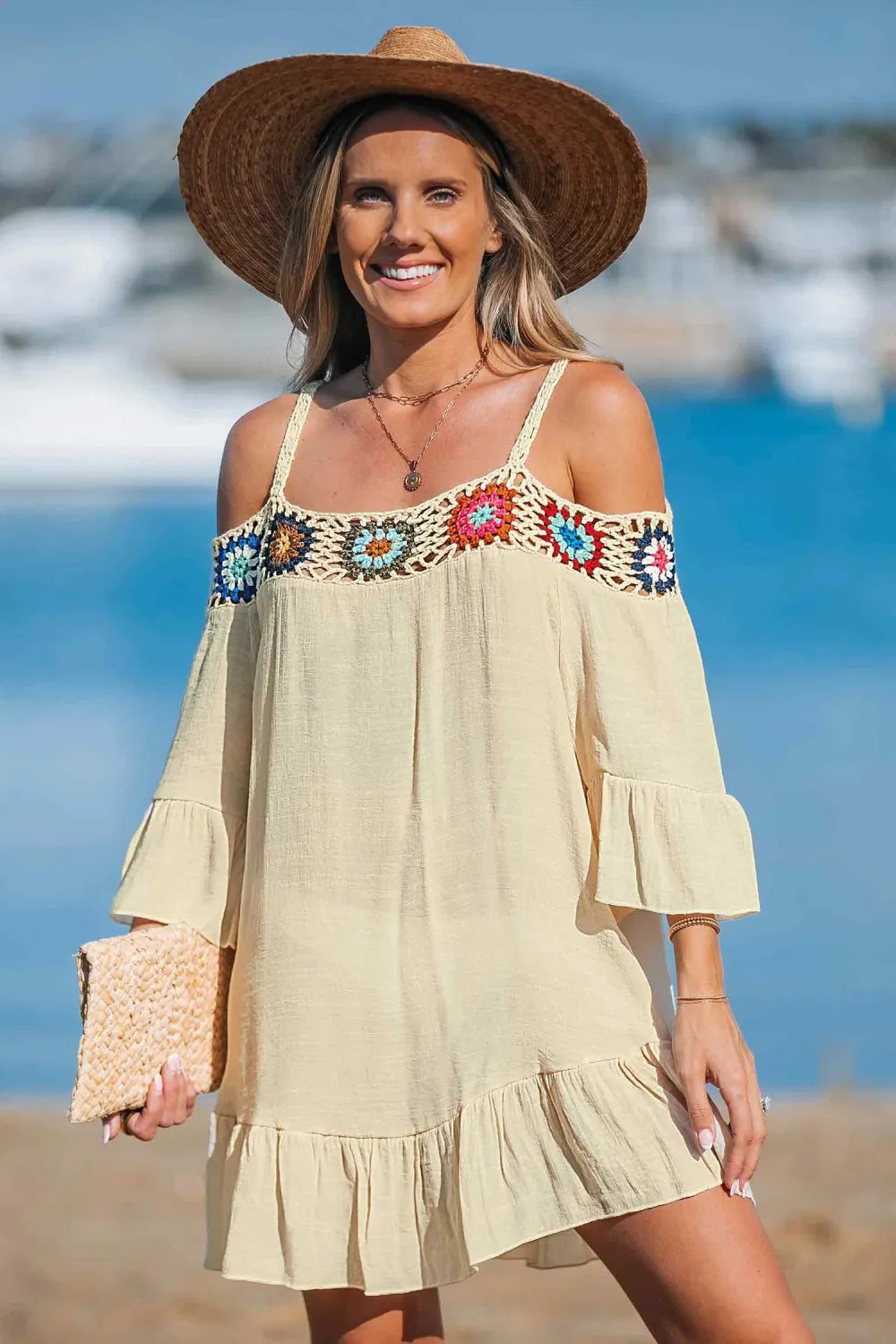 Crochet Off-Shoulder Cover-Up Mini Dress