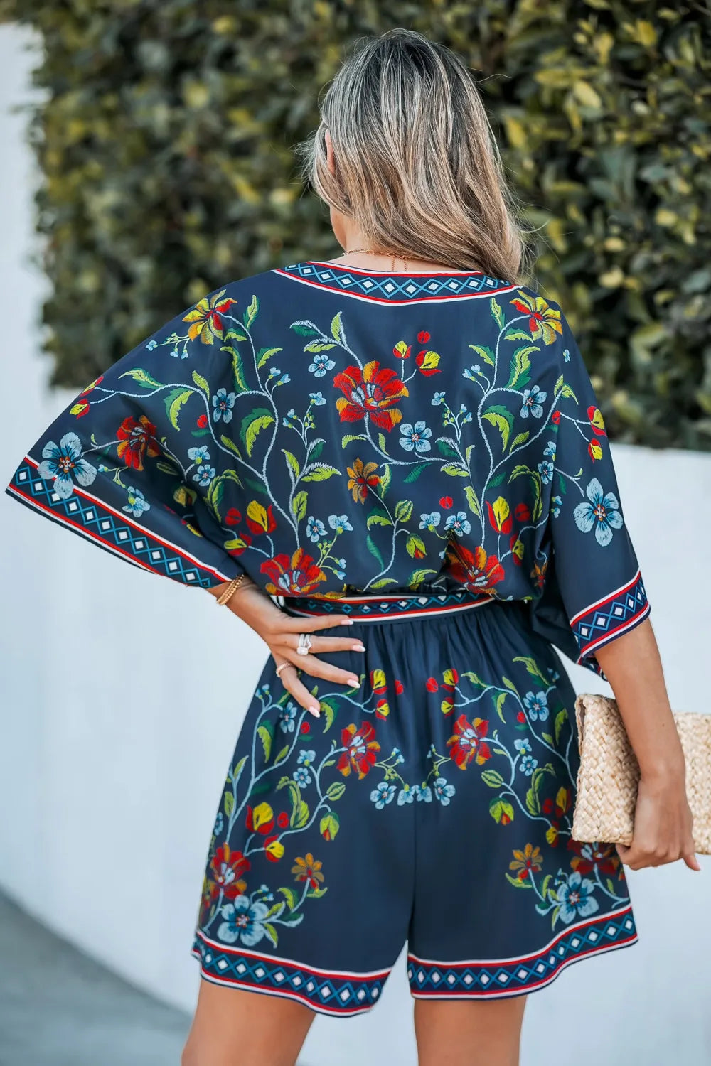 White Floral Surplice Half Sleeve Romper