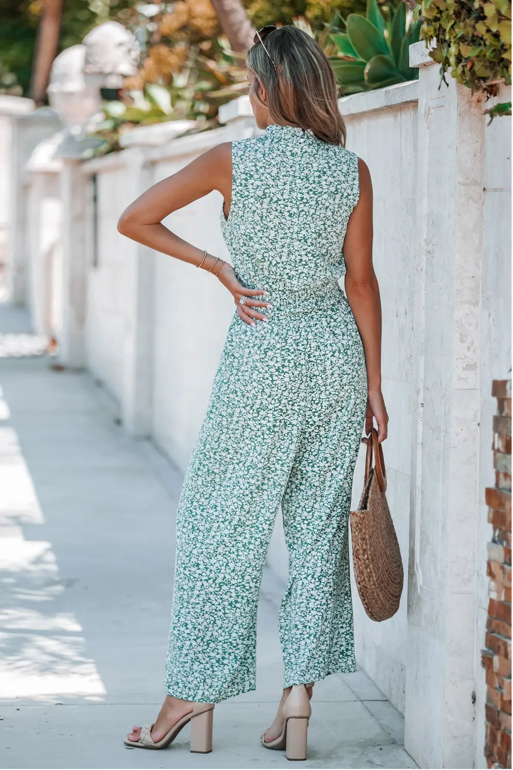 Ditsy Floral Sleeveless Smocked Jumpsuit