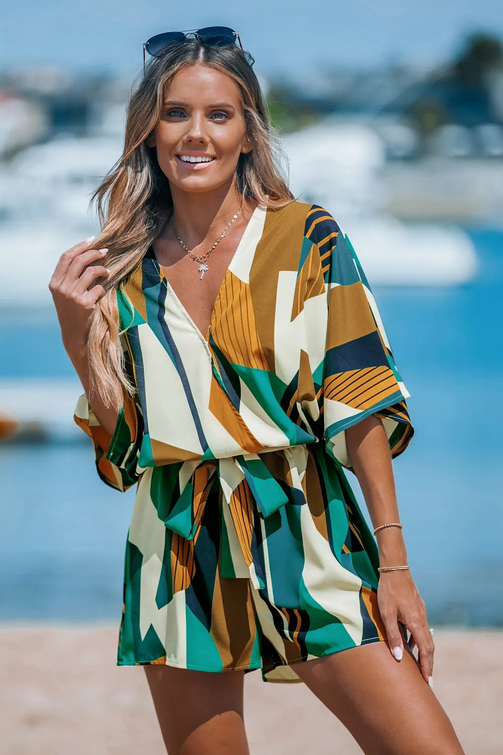 Abstract Geo Dolman Straight Leg Romper