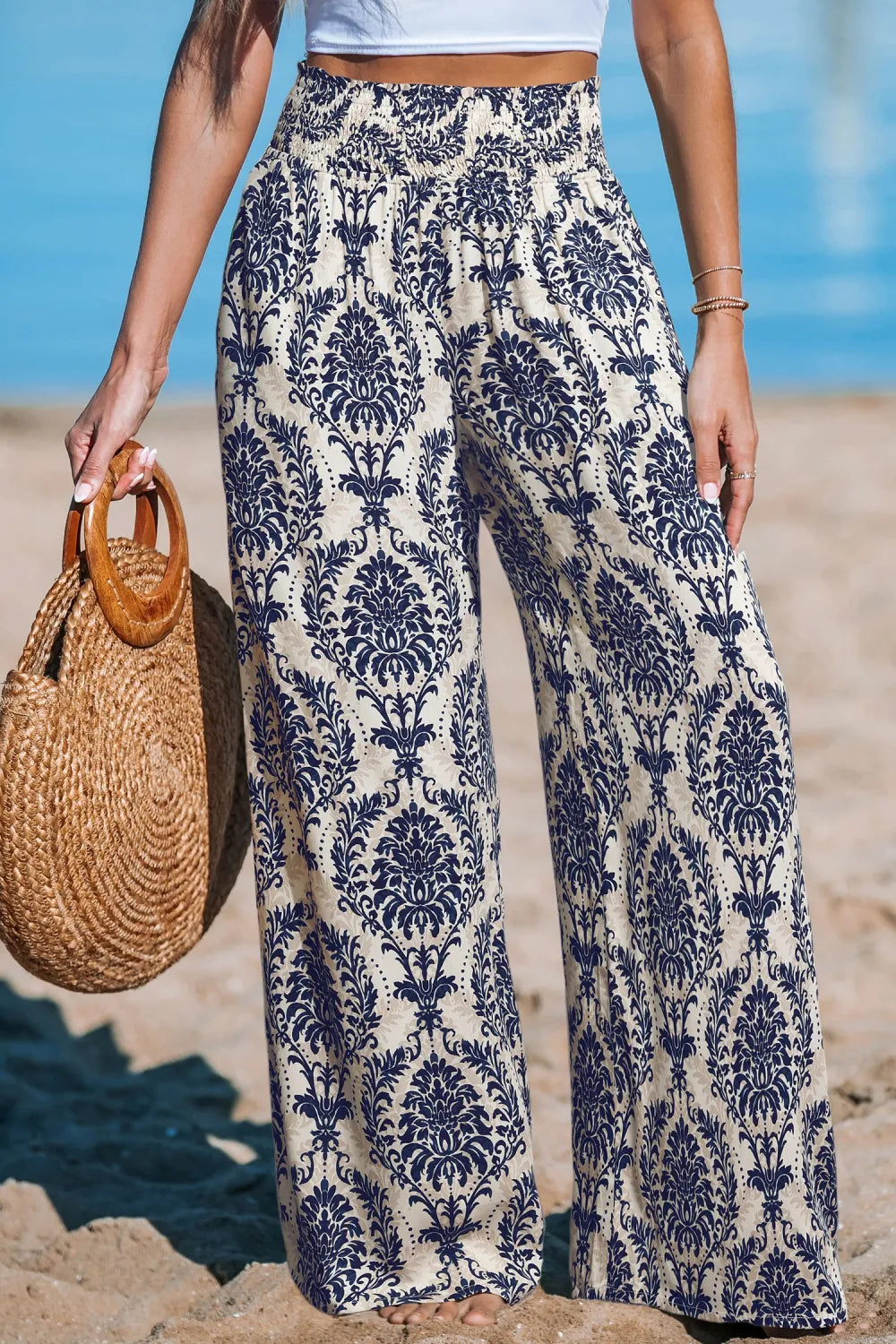 Green Damask Wide Leg Pants