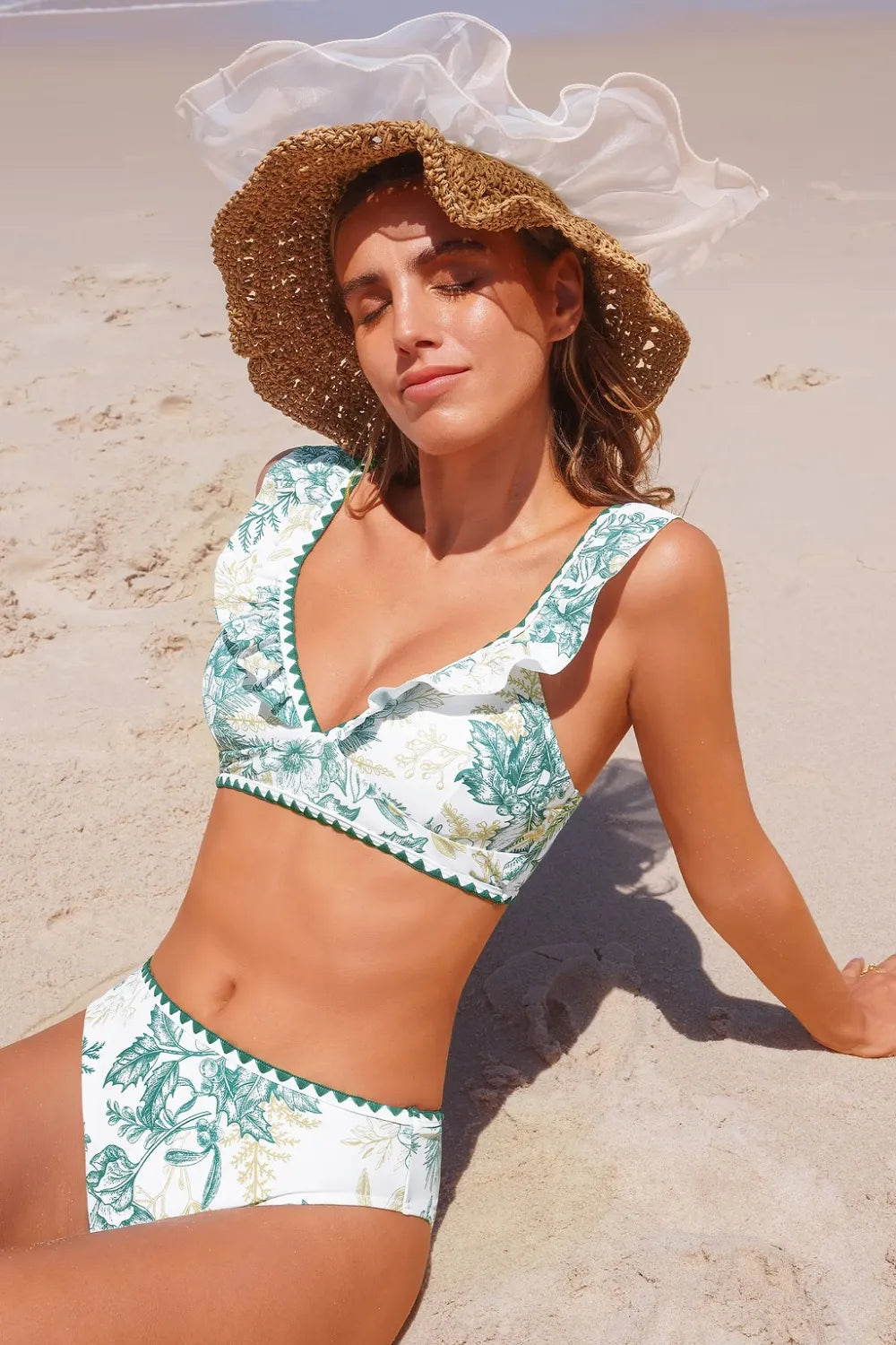 French Floral Flutter Strap Bikini Top & Standard Bottoms Set