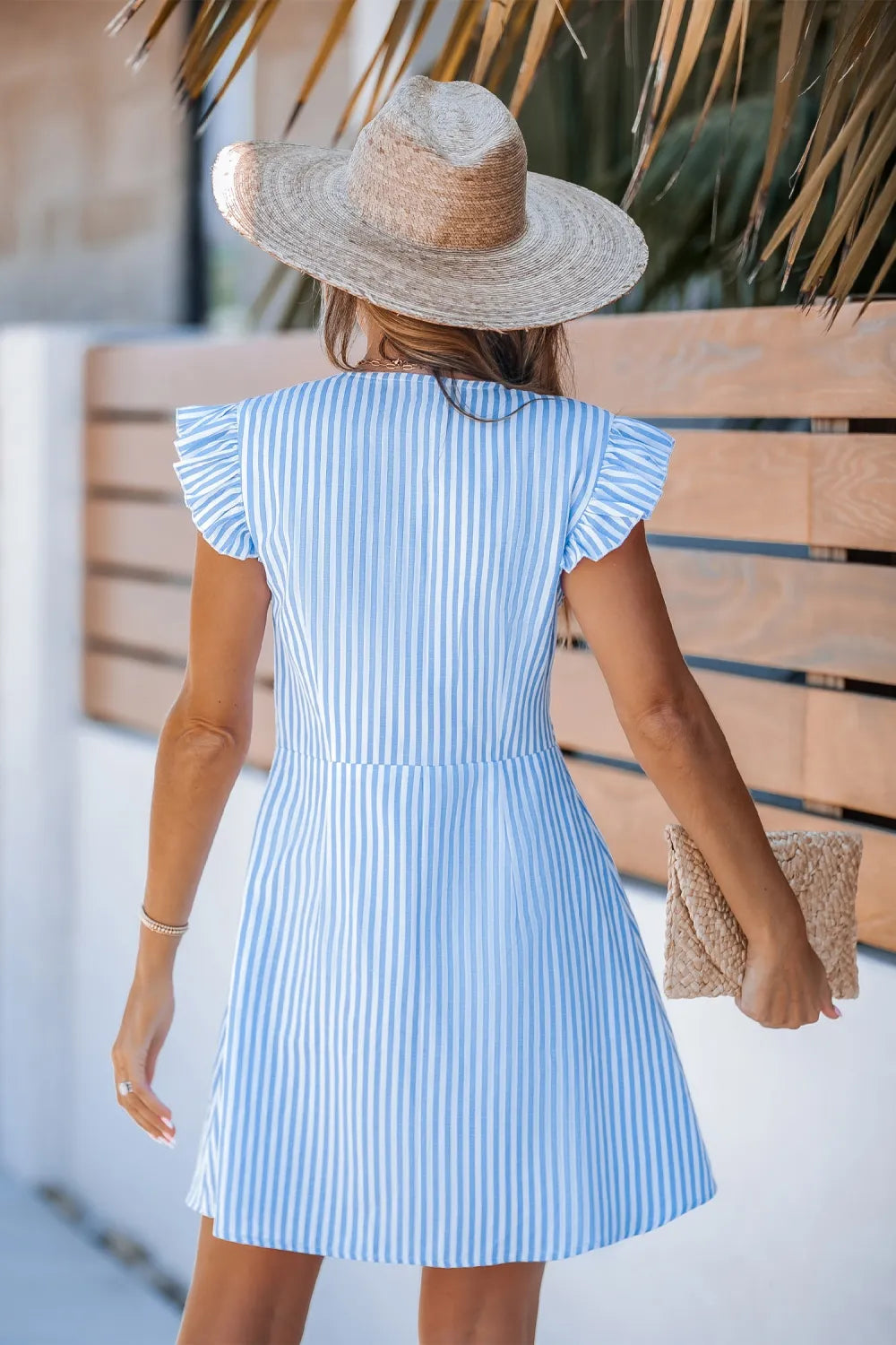 Blue Striped V-Neck Flutter Sleeve Mini Dress