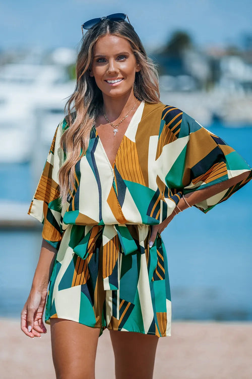 Abstract Geo Dolman Straight Leg Romper